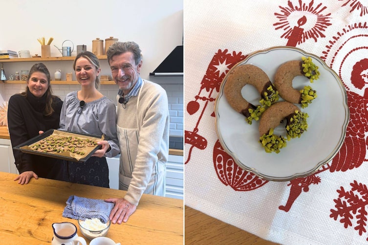 Mesi Tötschinger, Paula Bründl und Harald Nachförg machen Klosterkekse.