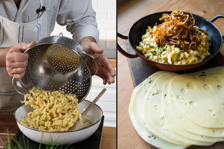 Man sieht die Zubereitung der Käsespätzle und das fertige Hüttengericht mit dem Käse von Bergader.