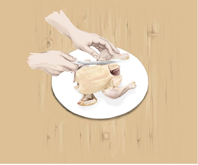 Huhn Suprême, Huhn richtig schneiden, ausgelöste Hühnerbrust, Keule abtrennen