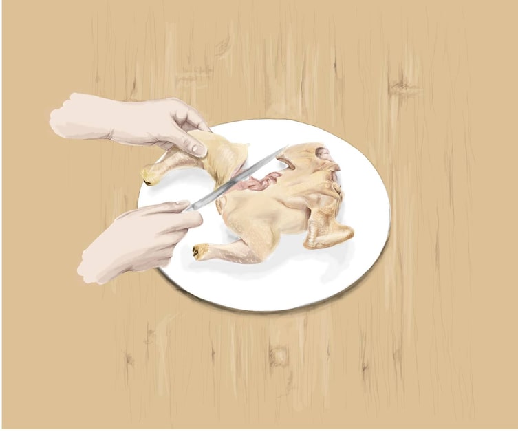 Huhn Suprême, Huhn Suprême, Huhn richtig schneiden, ausgelöste Hühnerbrust, Keule vom Rumpf trennen