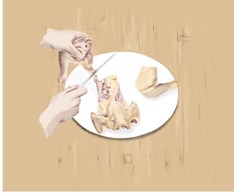 Huhn Suprême, Huhn richtig schneiden, ausgelöste Hühnerbrust, Keule vom Rumpf trennen