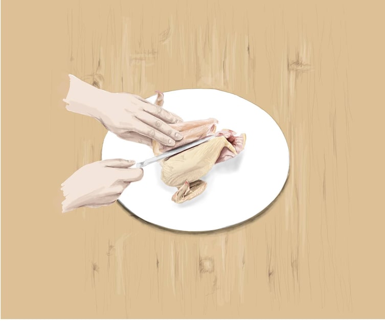 Huhn Suprême, Huhn richtig schneiden, ausgelöste Hühnerbrust, Brustfleisch vom Brustbein lösen