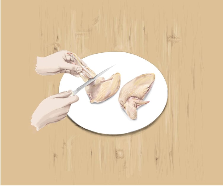 Huhn Suprême, Huhn richtig schneiden, ausgelöste Hühnerbrust, Flügelgelenke abtrennen