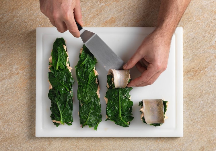 Saibling-Spinat-Röllchen, Hauptspeise, Fisch, Spinat