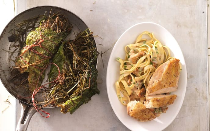 Hühnerbrust, Bandnudeln, Sauce, Heu, Haptspeise, Servus Rezept