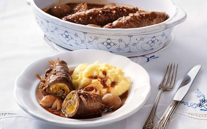 Rindsrouladen, Erdäpfelpüree, Saft, Besteck, Rindfleisch, Servus Rezept