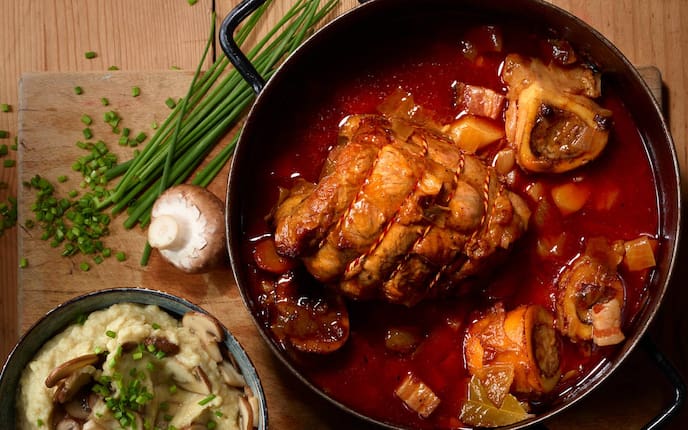 Kalbsvögerl, Champignons, Kartoffelpüree, Schnittlauch, Pfanne, Servus Rezept
