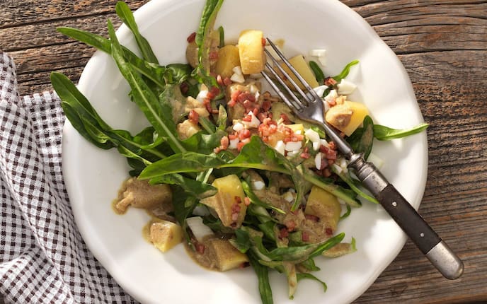 Löwenzahn, Kartoffel, Ei, Speck, Salat, Servus Rezept