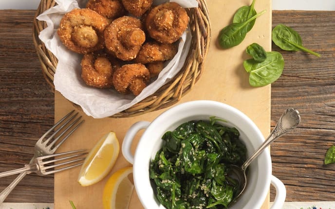gebackene Champignons, Panier, Blattspinat, Sesam, Zitrone, Hauptspeise, Servus Rezept