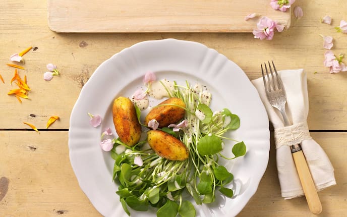 Portulaksalat mit Erdäpfelnockerln, Portulak, Salat, Erdäpfel, Kartoffel, Nockerl, Servus Rezept