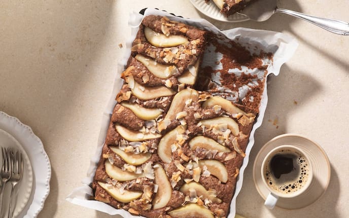 Schokokuchen, Birnen, Kaffee, Kokosflocken, Nachspeise, Kuchen, Servus Rezept