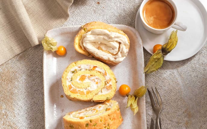 Physalis-Biskuitroulade, Biskuit, Kuchen, Nachspeise, Physalis, Biskuitrezept, Servus Rezept