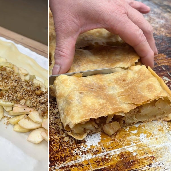 Das Besondere an dem gezogenen Apfelstrudel aus der Konditorei Philipp sind die karamellisierten Walnüsse in der Fülle.