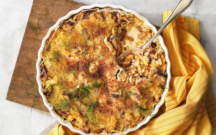 Eierschwammerl-Risotto, Risotto, Eierschwammerl, Pfifferlinge, Pilze, Reis, Dill, Brösel, überbacken, Hauptspeise, vegetarisch, Servus Rezept