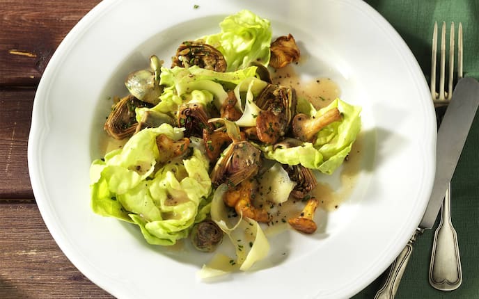 Artischocken, Eierschwammerl, Salat, Bergkäse, Rezept