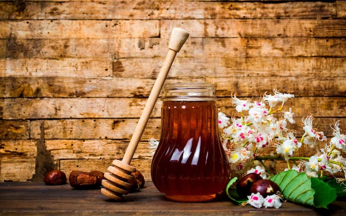 Honig, Kastanien, Einmachglas, Honiglöffel, Kastanienblüten, Kastanienhonig, Servus Rezept
