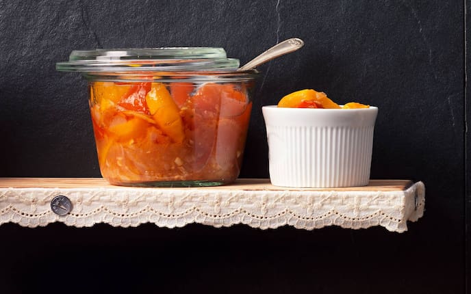 Einmachglas, Paprika, Tomate, Löffel, Regal, Knoblauch