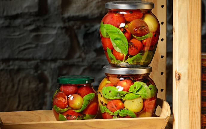 Paradeiser, Tomaten, Basilikum, Pfeffer, Einmachglas