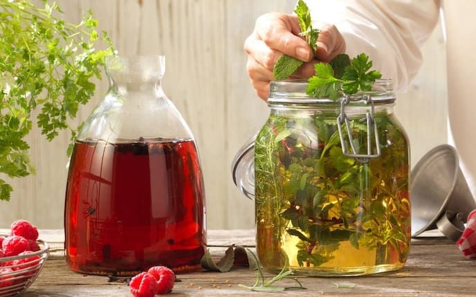 Gewürzessig, Himbeeren, Glas, Hände, Gewürze