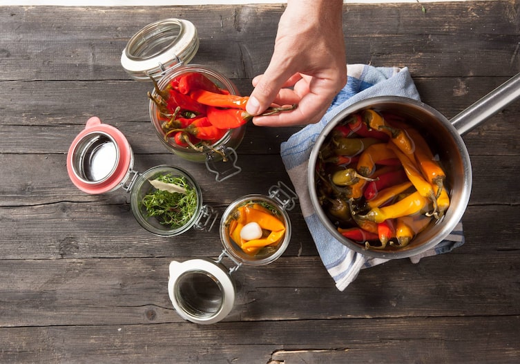 Topf, Geschirrtuch, Pfefferoni, Hand, Einmachglas