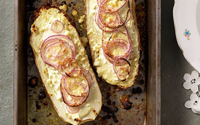 Chinakohl, Ofen, Backrohr, rote Zwiebel, Parmesan, Käse, Öl, Rein, Beilage, Gemüse, Ofengemüse, Servus Rezept