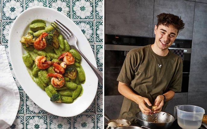 Dominik Süss bereitet für die ServusTV-Sendung „Zu Gast in fremden Küchen“ seine Brokkolipaste mit Garnelen zu.
