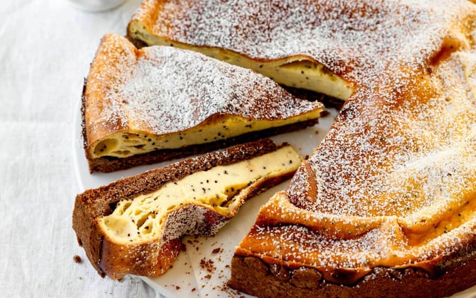 Topfenkuchen, Käsekuchen, Mohn, Backen, Staubzucker