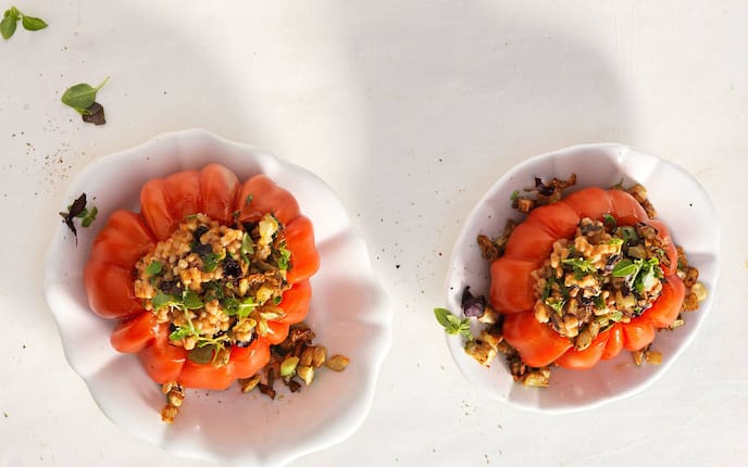 Gefüllte Ochsenherzen-Tomaten, Paradeiser gefüllt, Dinkelreis, Servus Rezept
