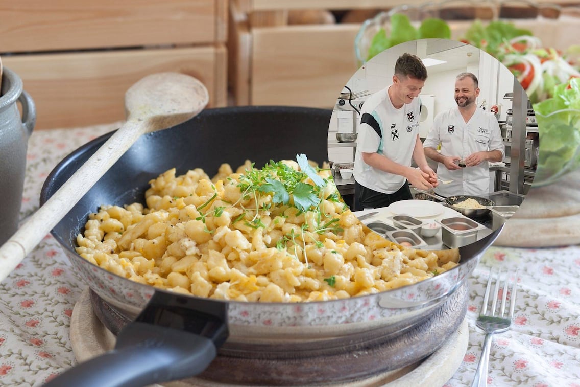 Fritz und Michael Gregoritsch bereiten gut gelaunt gschmackige Eiernockerl zu.