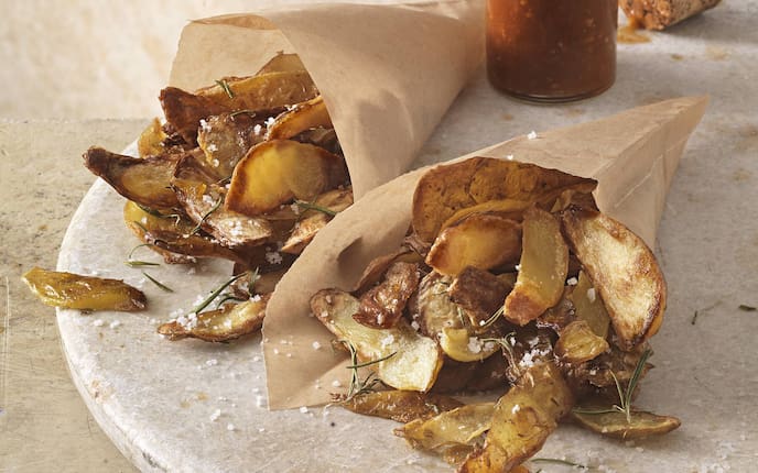 Erdäpfelschalen, Kartoffelschalen, Tomatenmarmelade, vegetarisch, Rezept