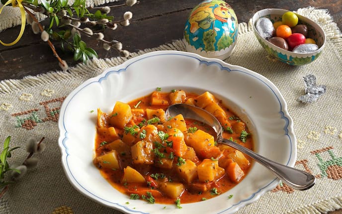 Fastengulasch, Gulasch ohne Fleisch, vegetarisches Gulasch, Kartoffel, Erdäpfel, Servus rezept