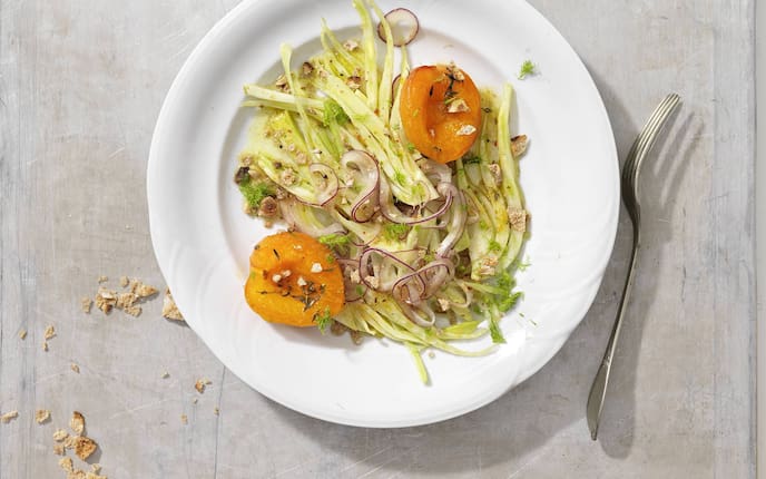Fenchelsalat, Fenchel, Marillen, Zwiebel, Salat, Salatrezept, Rezept, Servus Rezept