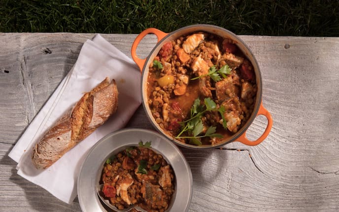 Linseneintopf, Linsen, Eintopf, Fisch, Zander, Kornweckerl, Hauptspeise, Servus Rezept