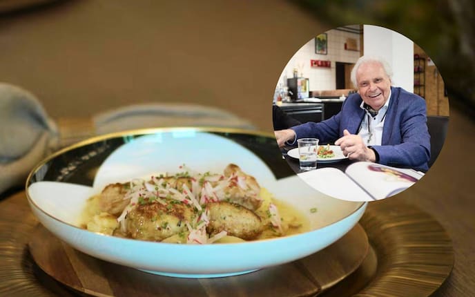 Fleischlaibchen in einem tiefen Teller auf Gurkensalat angerichtet, daneben ein Bild von Eckart Witzigmann