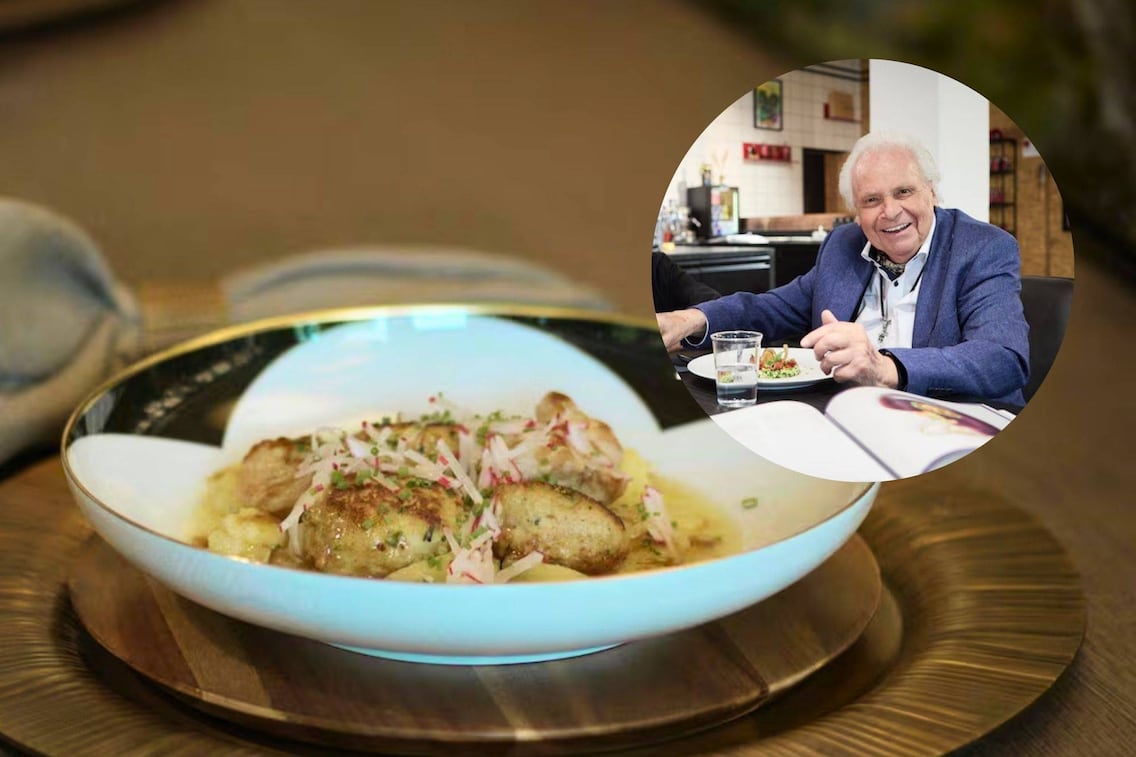 Fleischlaibchen in einem tiefen Teller auf Gurkensalat angerichtet, daneben ein Bild von Eckart Witzigmann