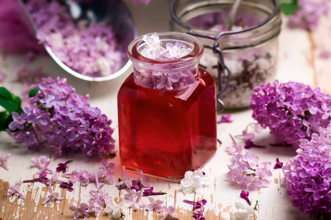 Fliedergelee im Glas, rundum violette Fliederblüten