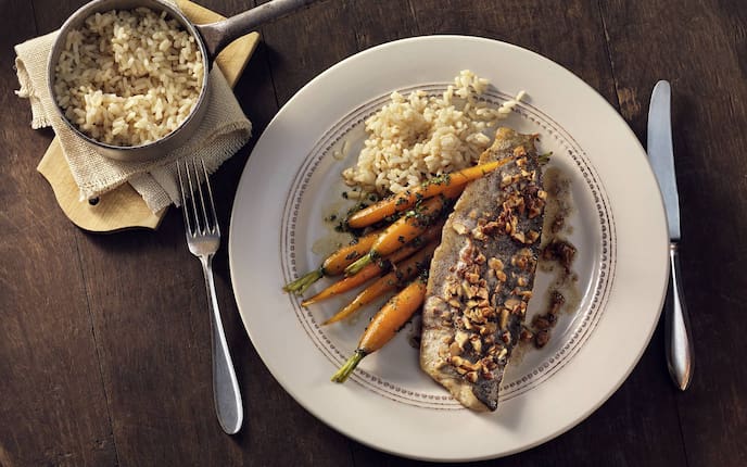 Forelle, Haselnussbutter, Karotten, Rezept, Reis