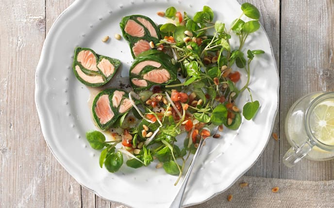 Forelle, Spinat, Brunnenkresse, Salat, Rezept