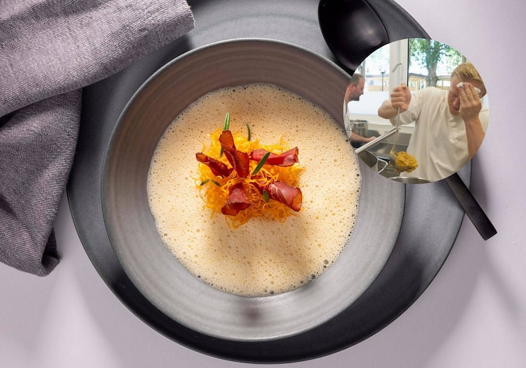 Fritz Grampelhuber bereitet mit Fußballer Xaver Schlager eine cremige Süßkartoffelcremesuppe zu.