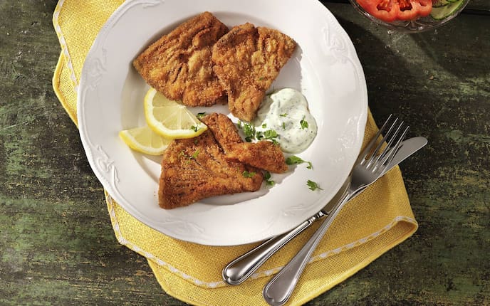 Gebackener Parasol, Parasol, Panier, gebacken, Tomatensalat, Gurken, Kräutersauce, Zitronenscheiben, Pilze, Hauptspeise, Servus Rezept