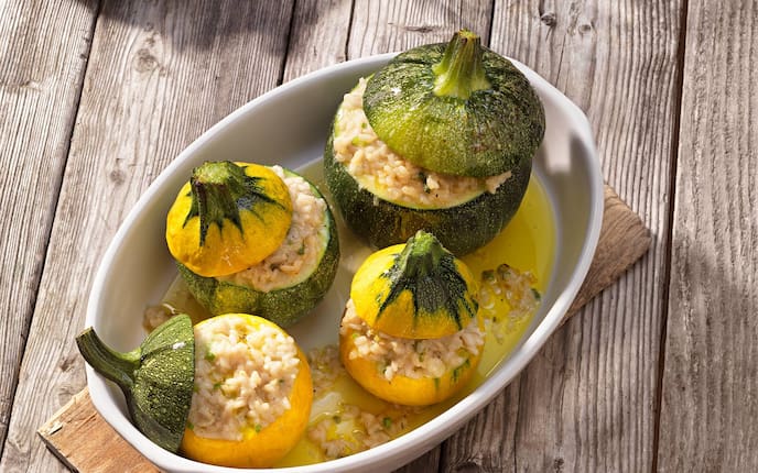 Kugelzucchini, Zwiebelreis, Rezept, vegetarisch