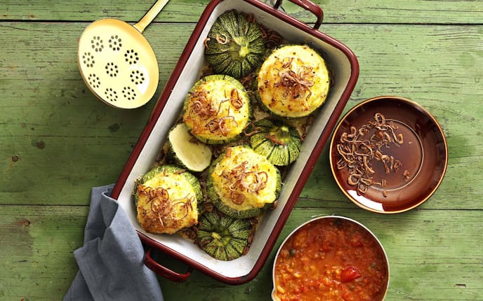 Zucchini, Erdäpfelpüree, gefüllt, Rezept, vegetarisch