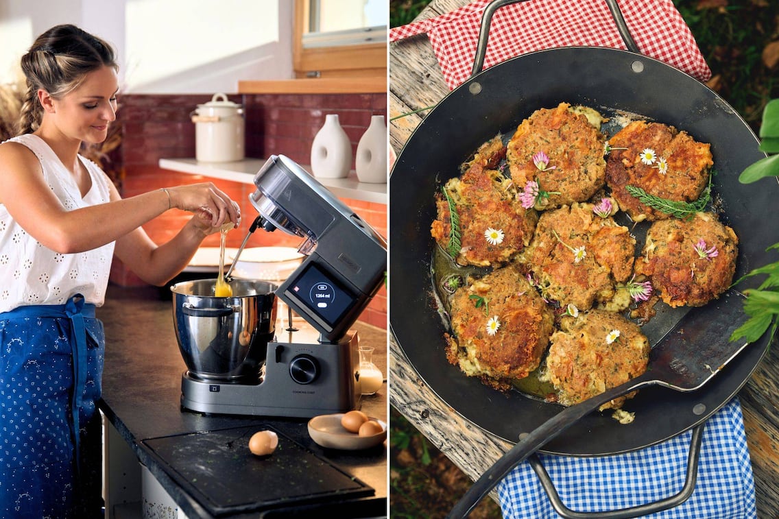 Paula Bründl gibt Eier in die Kenwood Cooking Chef. Rechts ein Bild von Kaspressknödel in einer Eisenpfanne mit Blüten drauf.