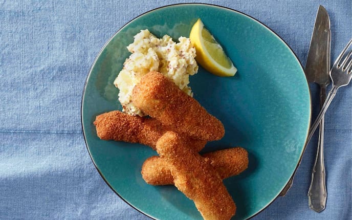 Fisch, Fischstäbchen, Zitrone, Senferdäpfeln, Erdäpfel, Kartoffel, Zitronenjoghurt