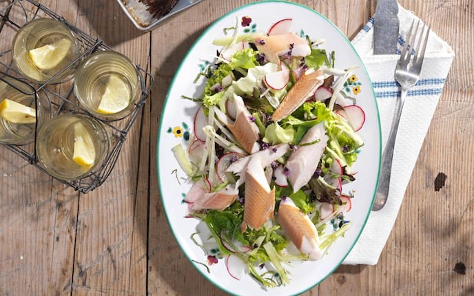 Fisch, Forelle, Salat, Radieschen, Blattsalat, geräuchert