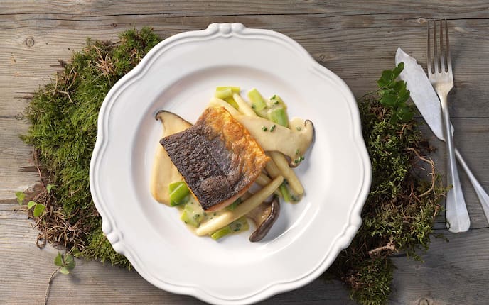 Gebratenes Saiblingsfilet mit Kräuterseitling-Ragout und Schupfnudeln, Schnittlauch, Besteck, Moos, Teller, Holztisch