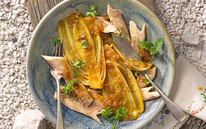 Geräucherte Lachsforelle mit geschmortem Chicorée, Fischmesser, Kies, Brett, Kräuter