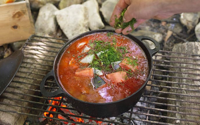Eintopf, Fisch, Tomaten, Dille, Grillen, Lagerfeuer, Hauptspeise, Servus Rezept