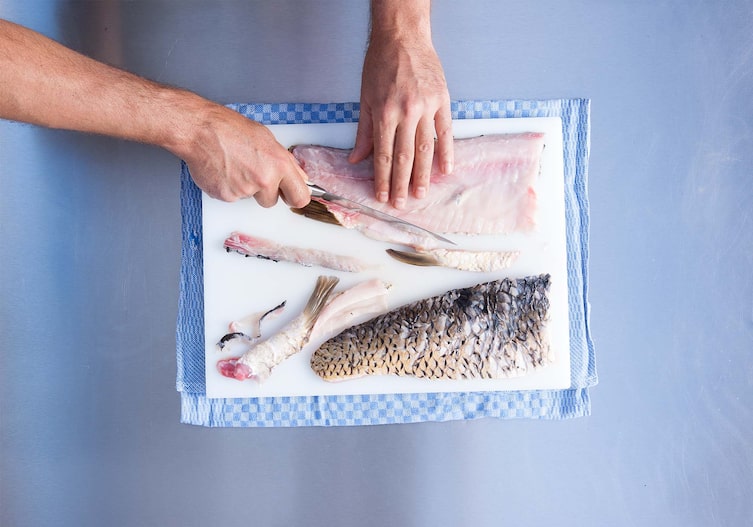 Geschröpfter Karpfen mit Fenchel, Kochschule, Küchenbrett, Küchentuch, Messer, Grätenzange, Flosse