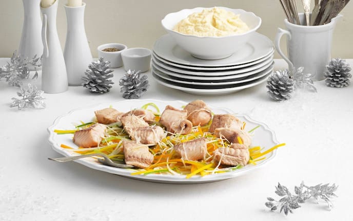 Fischstücke, Wurzelgemüse, Selleriepüree, Weihnachten, Festessen, Hauptspeise, Fisch, Servus Rezept